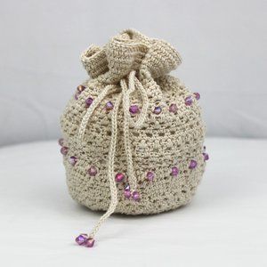 Iridescent Purple Beaded Cream Crochet Drawstring Pouch Bag